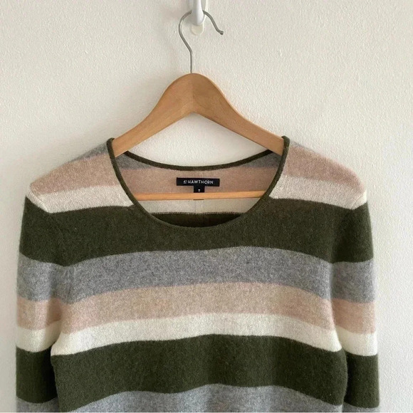41 HAWTHORN SZ M Olive Gray Ivory Beige Stripe 100% Cashmere Pullover Sweater - Picture 3 of 8